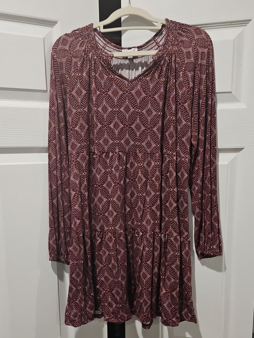 Wonderly Burgundy Geometric Long-Sleeve Tiered Dress